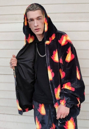 Flame fleece jacket hand made fire bolt hood bomber in black