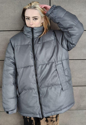 Faux leather quilted bomber rubber padded puffer jacket grey