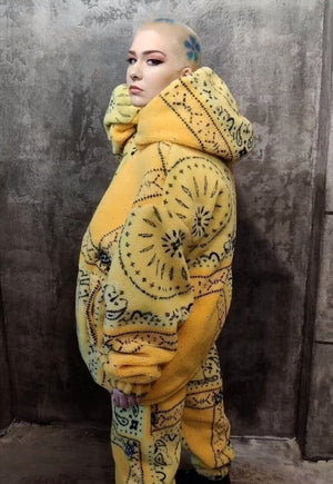Paisley fleece jacket yellow bandanna faux fur fluffy bomber