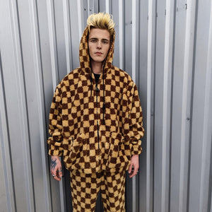 Checked fleece joggers brown Fluffy plaid trousers luxury SKA check pants handmade party hotpants geometric festival set raver tracksuit