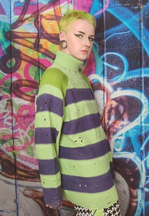 Ripped stripe sweater Zigzag jumper in acid green and purple