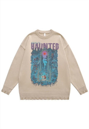 Creepy sweater haunted jumper ripped knitted top in grey