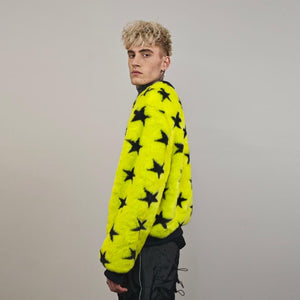 Star print varsity jacket yellow faux fur short coat college fleece bomber geometric jacket detachable sleeves party overcoat festival set