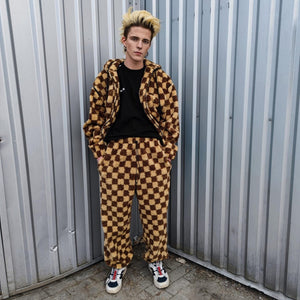 Checked fleece jacket brown hooded geometric bomber plaid grunge coat detachable sleeves handmade check pattern overcoat fuzzy festival set