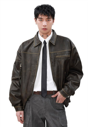 Faux leather aviator jacket brown vintage wash varsity