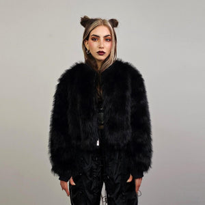 Black faux fur bomber short fluffy college bomber cropped varsity jacket gothic coat fluffy detachable sleeves festival overcoat rave fleece
