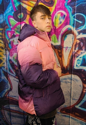 Tie-dye bomber gradient puffer jacket in faded purple pink