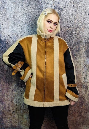 Faux fur biker jacket fluffy fleece aviator bomber in brown