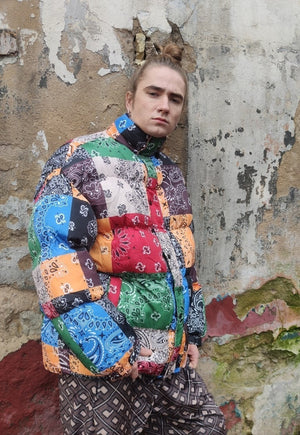 Paisley bomber bandanna print puffer quilted jacket in multi