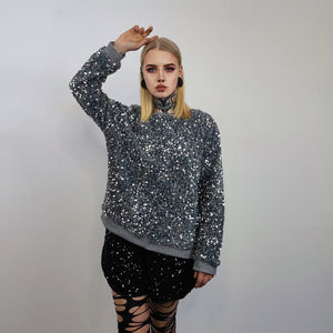 Silver sequin sweatshirt glitter top sparkle jumper party pullover glam rock long sleeve top embellished sweater in metallic grey