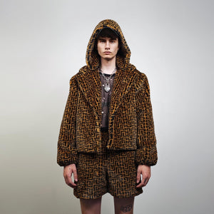 Arabic pattern short coat brown black fleece trench geometric print jacket detachable sleeves handmade zigzag party overcoat festival set