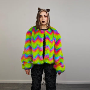 Rainbow faux fur coat short striped collarless jacket unicorn trench fluffy detachable sleeves handmade festival overcoat burning man fleece