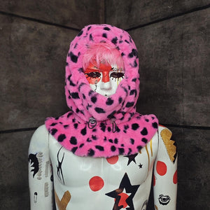 Faux fur hood pink snood handmade hooded hat luminous cap all over fluffy fleece scarf unisex bucket grunge winter festival headwear