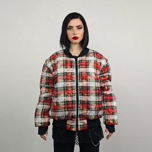 Tie-dye check bomber yellow tartan jacket raver reversible college varsity detachable sleeves handmade plaid puffer grunge punk rocker coat