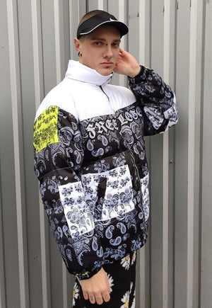 Paisley print bomber bandana puffer jacket in white black