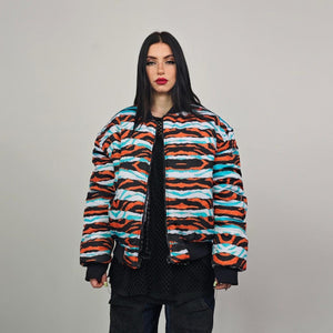 Zebra jacket blue white animal print bomber reversible striped college varsity detachable sleeves handmade rave puffer grunge festival coat