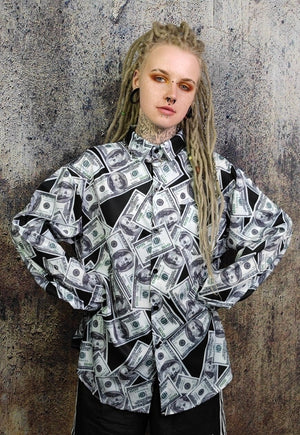 Dollar shirt money print long sleeve top in white black