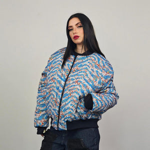 Neon leopard bomber animal print jacket fluorescent reversible college varsity detachable sleeves handmade rave puffer cyber festival coat