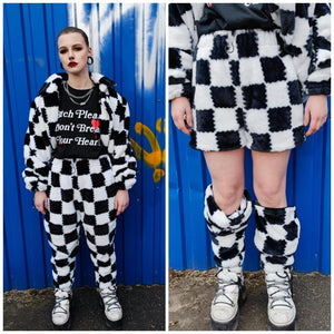 Checked trench coat faux fur white black overcoat plaid jacket SKA bomber detachable sleeves handmade rave puffer festival Coachella fleece