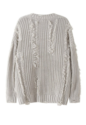 Ripped sweater knitted distressed jumper shredded top grey