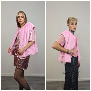 Collarless faux fur coat pastel pink fuzzy trench hairy crop jacket detachable sleeves handmade fluffy party overcoat fluffy festival set