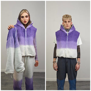 Cropped hooded fleece coat red gradient short rave jacket sports set burning man outfit detachable sleeves festival overcoat carnival trench