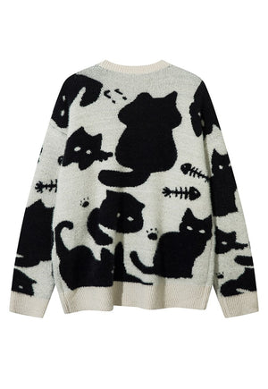 Black cat print sweater cream knitted Gothic top punk jumper