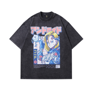 Anime girl t-shirt android cartoon tee Japanese top in vintage grey