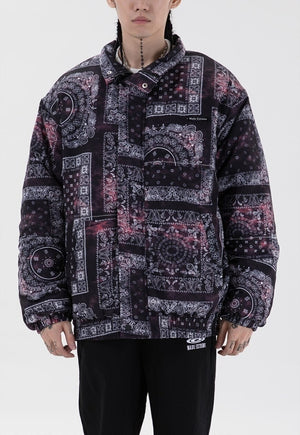 Checked paisley print bomber bandana denim jacket in black