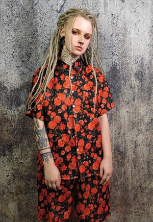Rose shirt floral print short sleeve top in red black