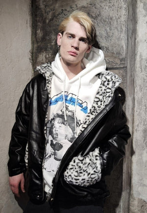 2 Sided leopard fleece jacket faux leather reversible bomber