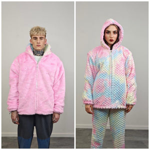 Tie-dye mermaid jacket orange reversible fleece hood faux fur bomber retro geometric coat burning man overcoat fluffy golden festival set