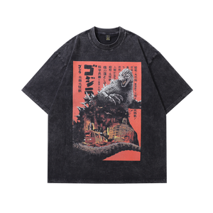 Godzilla print t-shirt monster anime tee retro Japanese top in vintage grey