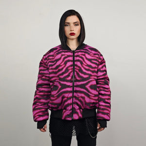 Leopard jacket neon pink animal print bomber reversible cheetah college varsity detachable sleeves handmade rave puffer grunge festival coat