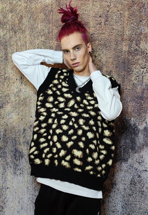 Leopard print sleeveless sweater animal print cardigan black