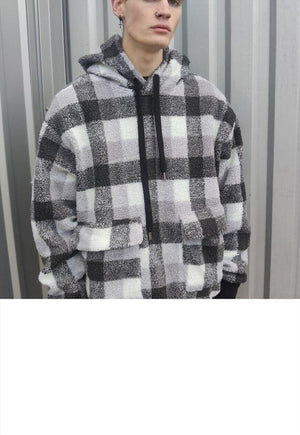 Tartan fleece hoodie fluffy check pullover in grey SKA print