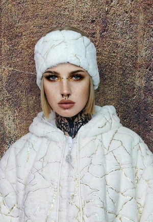 Fleece headband luxury fluffy head cover golden foil white