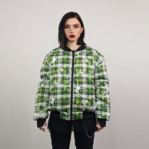 Spider web print jacket purple tie-dye bomber plaid check puffer punk reversible college varsity detachable sleeves handmade tartan coat
