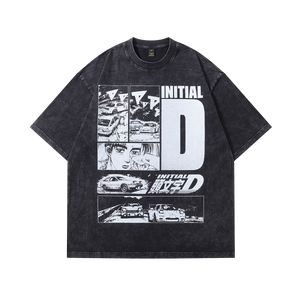 Black white anime t-shirt racing cartoon tee Japanese top in vintage grey