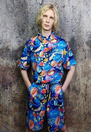 Space shorts night sky print crop board overalls in blue