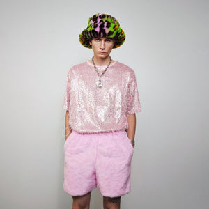 Faux fur shorts pastel pink fuzzy cropped pants hairy trousers handmade solid pattern party joggers fluffy skater festival set