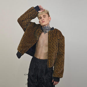 Arabic pattern varsity jacket brown short coat college fleece bomber geometric jacket detachable sleeves zigzag party overcoat festival set