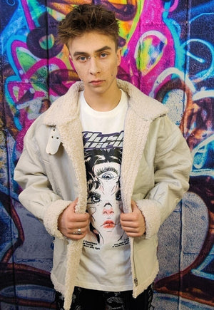 Fleece lined aviator jacket creased biker bomber off white