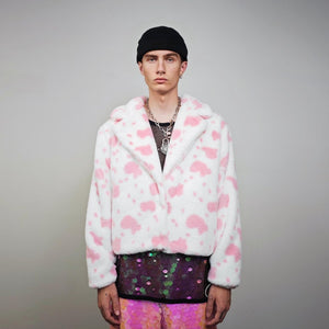 Cropped cow print coat red white fleece trench animal print jacket detachable sleeves handmade spot pattern party overcoat festival set