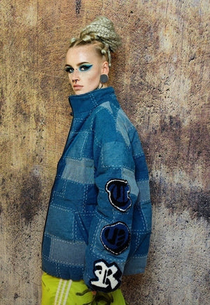 Reworked denim patch bomber jean puffer jacket in blue check