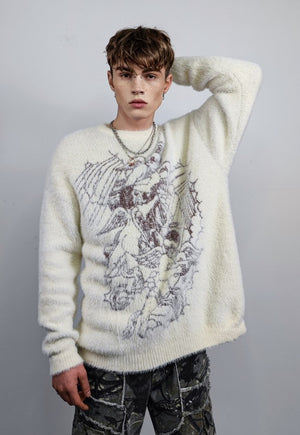 Fluffy sweater long fur grunge jumper angel print top cream