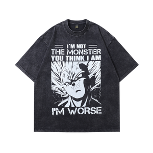 Anime t-shirt monster slogan tee y2k Japanese cartoon top in vintage grey
