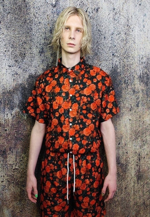 Rose shirt floral print short sleeve top in red black