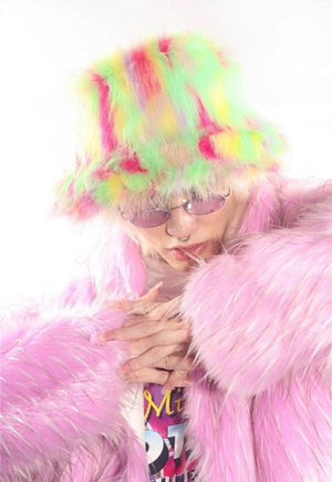Festival faux fur bucket hat fluffy neon hat tropical print