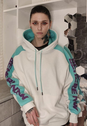 Premium fluorescent slogan hoodie contrast pullover in white